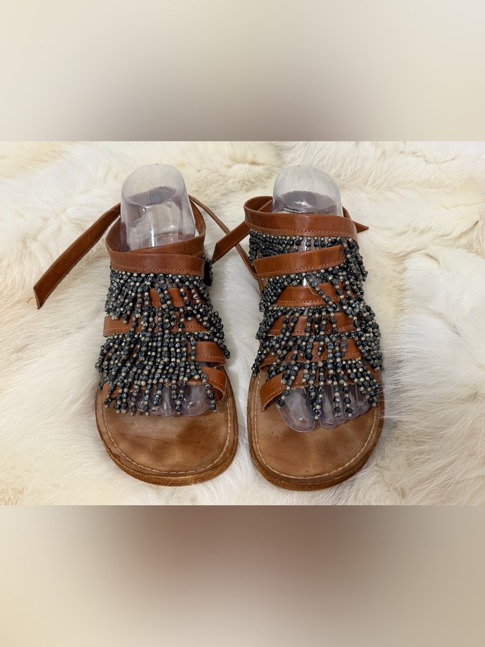 ROMEO GIGLI $1398 RARE Leather & Fringe Beaded Sandals Size 38 (7.5 US) EUC